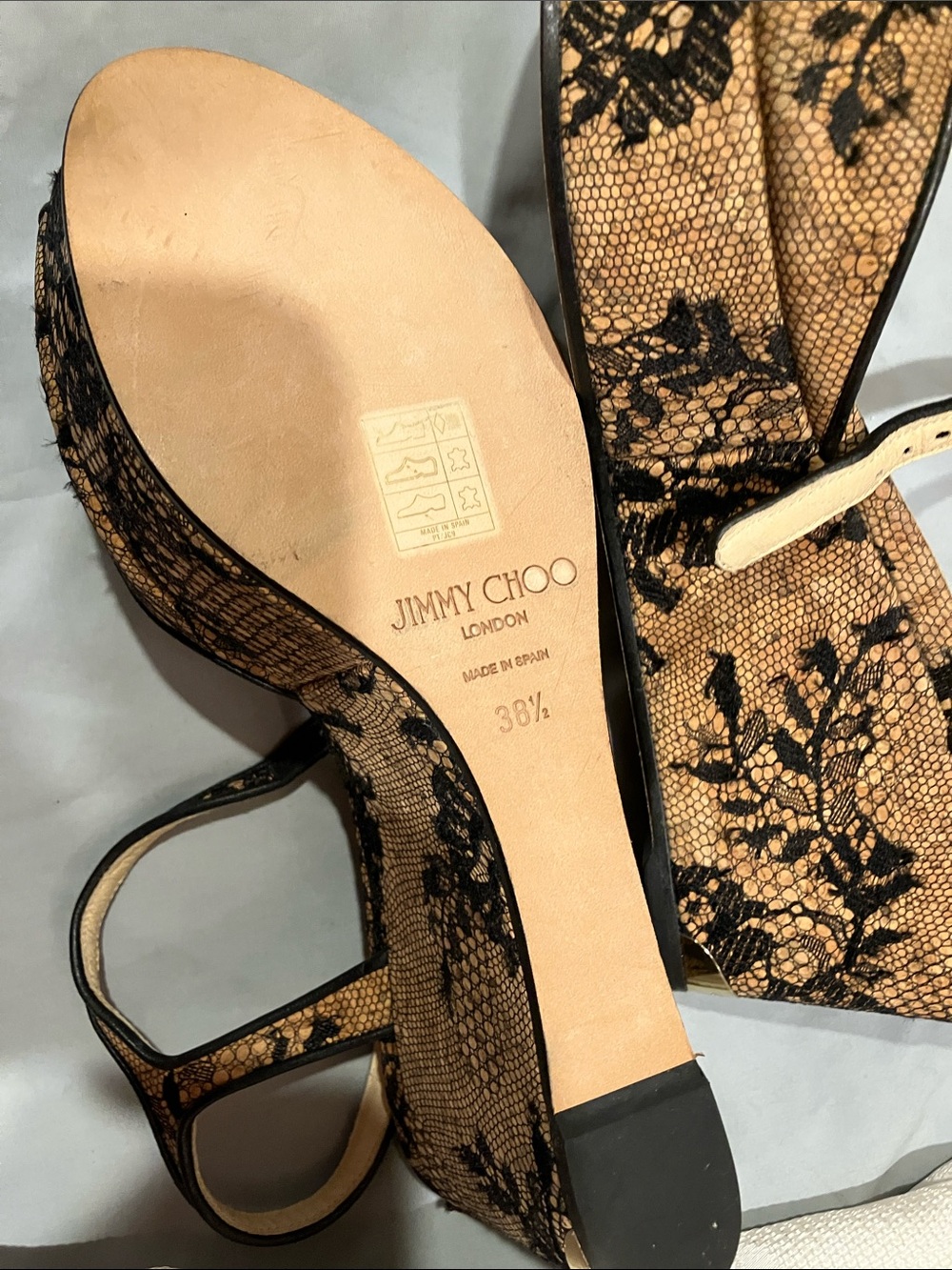 Jimmy Choo Black Lace-Overlay Tan Platform Sandals - Picture 5 of 12